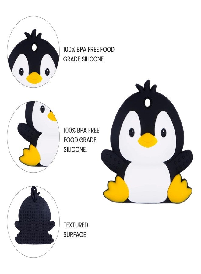 AmazingM Cute Animal Baby Food Grade Silicone Teether Toy with One Piece Design Pacifier Clip Holder,Teething Pain Relief Toys Gift Set for 3 Months+ Boys and Girls,Freezer Safe,BPA Free (Penguin) - Image 2